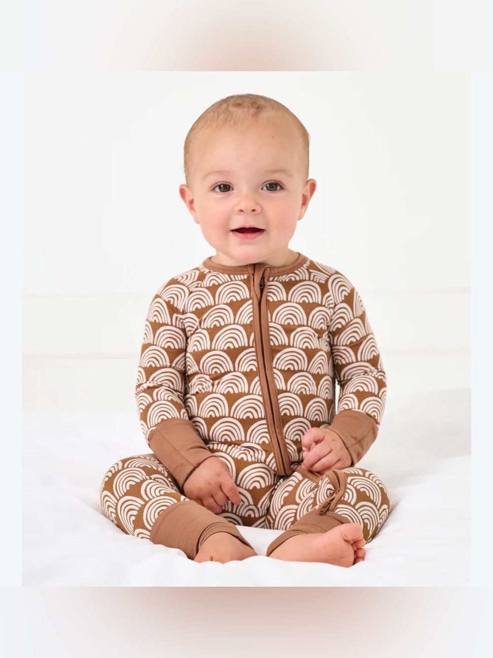 Little Sleepies baby zippy Rust Rainbows print tan white unisex size 3-6 months